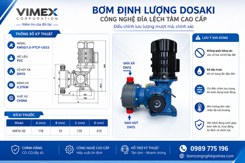 Máy bơm định lượng DOSAKI KM50/1.0-PTCP-US53: Giải pháp tối ưu cho nhu cầu bơm hóa chất 2 anh bom thiet ke Lkm50