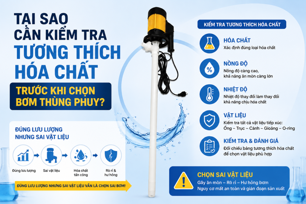 Tại sao phải kiểm tra hóa chất khi chọn bơm thùng phuy? 1 tai sao can kiem tra tuong thich hoa chat truoc khi chon may bom thung phuy